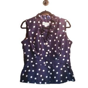DANNY & NICOLE Navy & White Polka Dot Sleeveless Blouse Ruffle V-neck 10p NWT